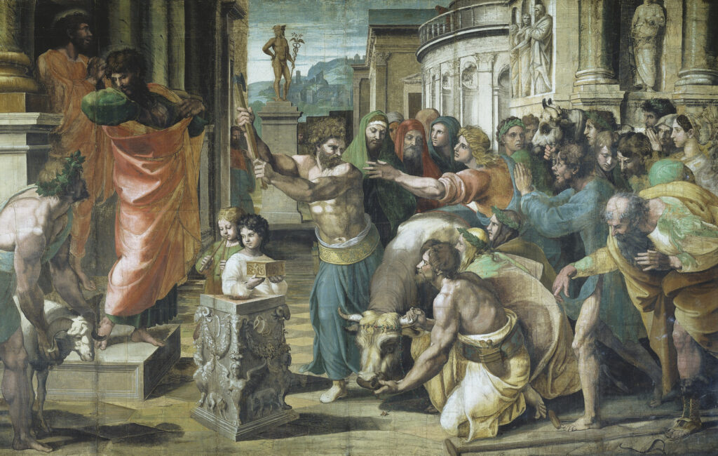 The Sacrifice at Lystra” (1515) by Raphael depicts the moment when the people of Lystra mistake St. Paul and Barnabas for the gods Hermes and Zeus after Paul heals a crippled man, as described in the Acts of the Apostles (14:8–18). Credit: Public Domain