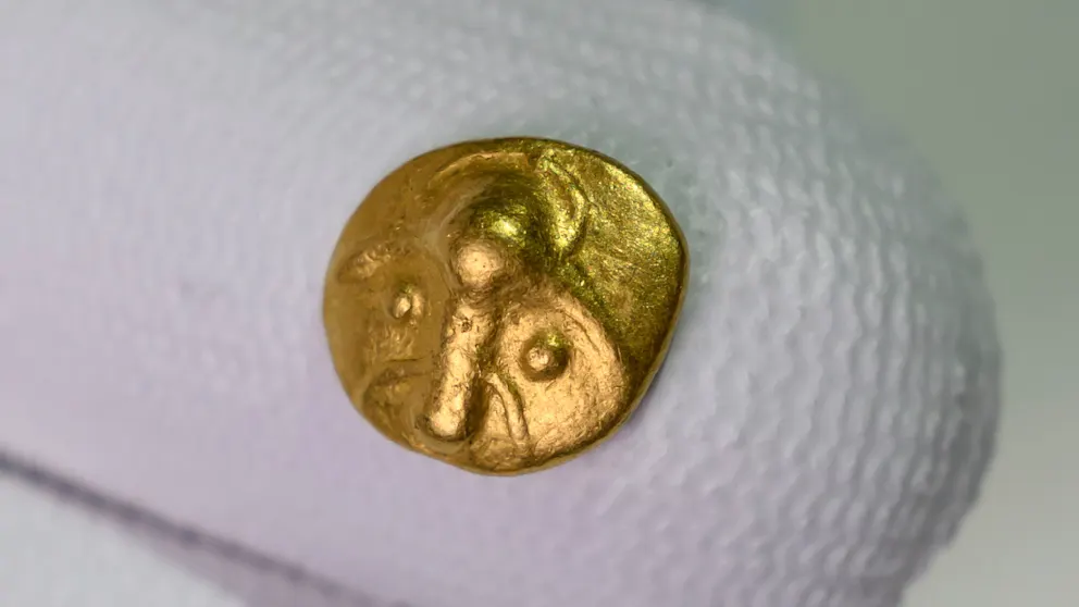 The obverse of the coin shows a stylized animal head with visible eyes, horns, and a rounded forehead. Credit: picture alliance / dpa.