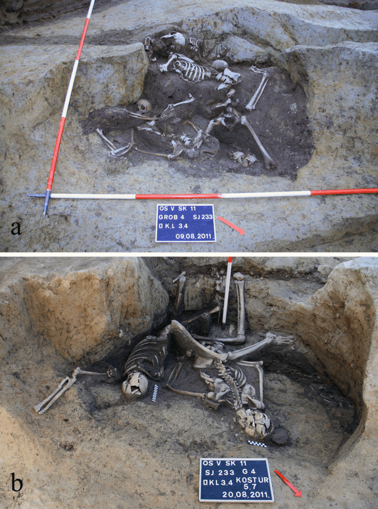 The well SU 233/234 during different excavation phases showing the position of the skeletons: (A) SK 2, SK 3 and SK 4; (B) SK 5 and SK 7. Credit: PLoS One (2025)