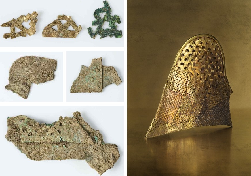 Fragments of a gilt-bronze crown (left), dating to the 4th–5th centuries, were unearthed in an outer coffin tomb beneath a royal burial mound in Hwangnam-dong, Gyeongju. A reconstruction (right) illustrates how the crown may have looked when complete. Credit: Korea Heritage Service