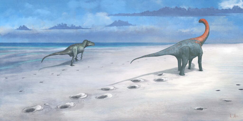 © Mark Witton illustration depicting the formation of the dinosaur trackway at Dewars Farm Quarry.