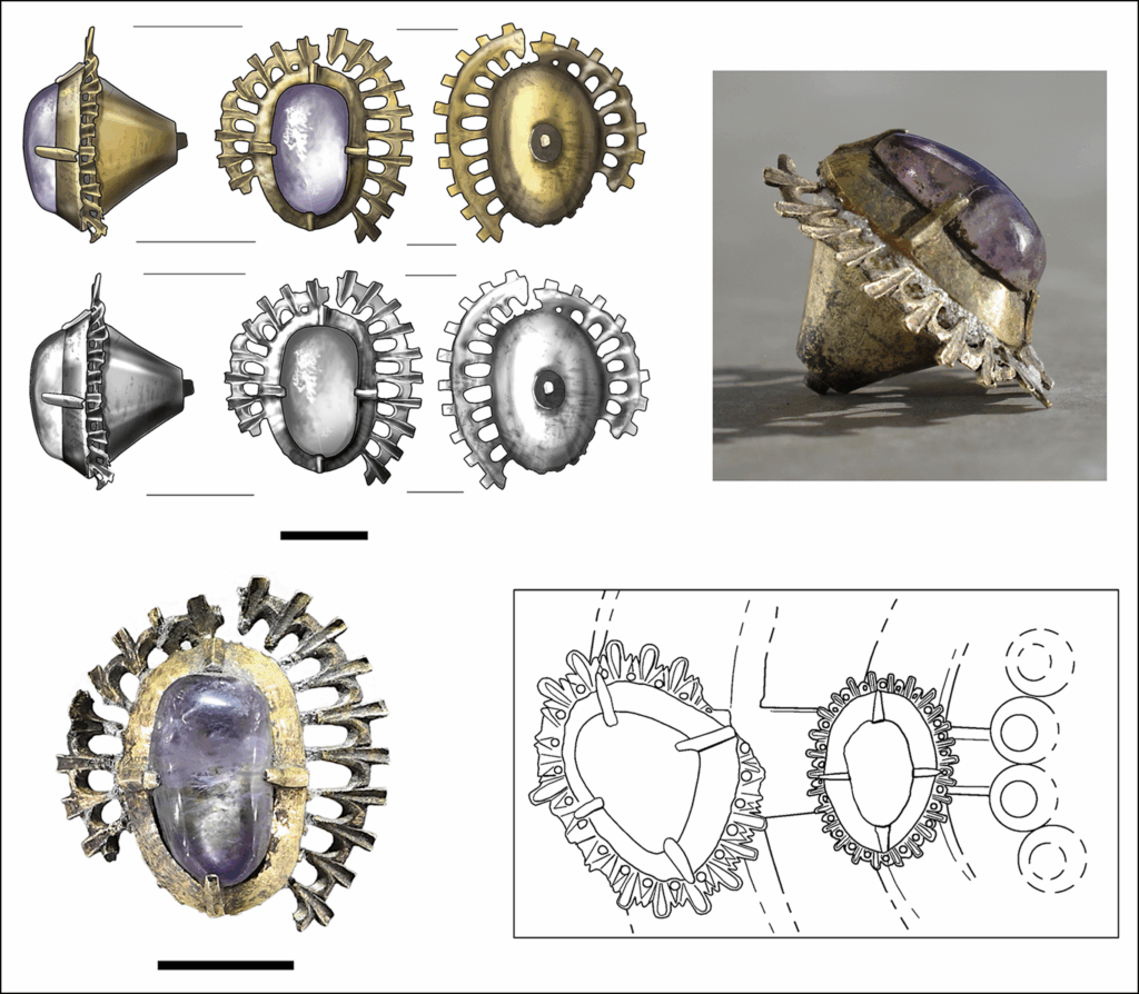 
Gem setting from the Castle Kolno find, shown alongside the Środa Śląska brooch (lower right) for comparison. Scale bars = 10 mm. (Figure by N. Lenkow & L. Marek) Credit: Marek & Miazga (2025), Antiquity