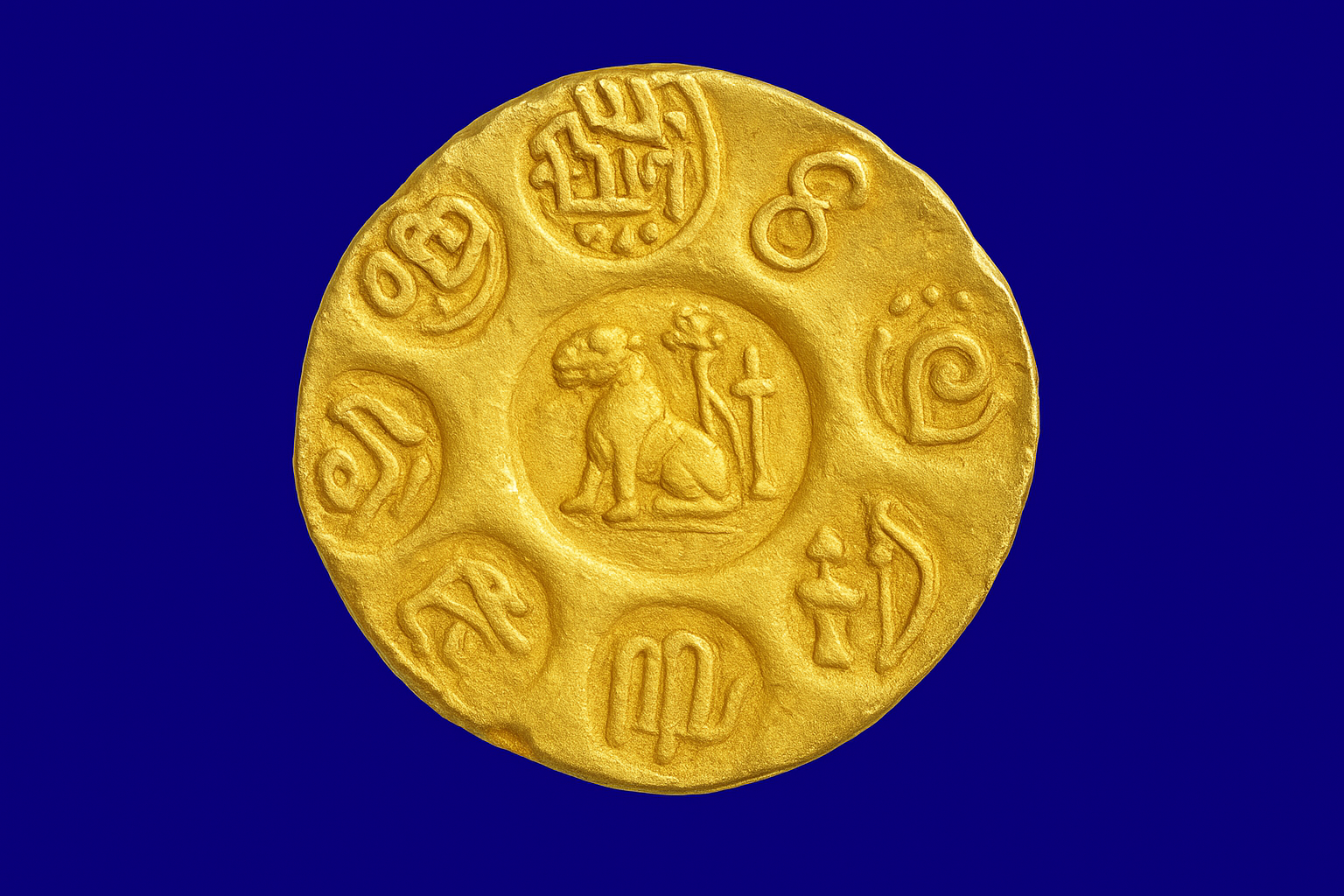 Representative image of a gold coin from the reign of Kulothunga Chola I (1070 – 1120 AD). The coin depicts two fish, a seated tiger, a bow, and two lamp stands at its centre. The punched legend reads “Malai Nadu Konda Chola,” and the regnal year inscribed is 36. It commemorates Kulothunga’s conquest of Malainad, most likely the Malabar coast. Credit: Chennai Museum.