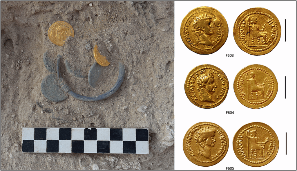 Local bronze coins, imitation aurei and a silver bracelet offered together inside a pottery bowl (not visible); right) detail of the three aurei (photographs by Michele Degli Esposti). The scale for the coins is 10 mm. Credit: Degli Esposti 2025, Antiquity.