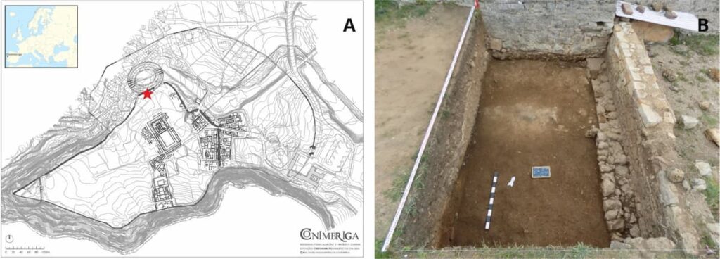 Map of Conimbriga indicating the discovery location of the inkwell (A), with a detailed view of the archaeological context where it was unearthed (B). Credit: C. Oliveira et al., 2025.