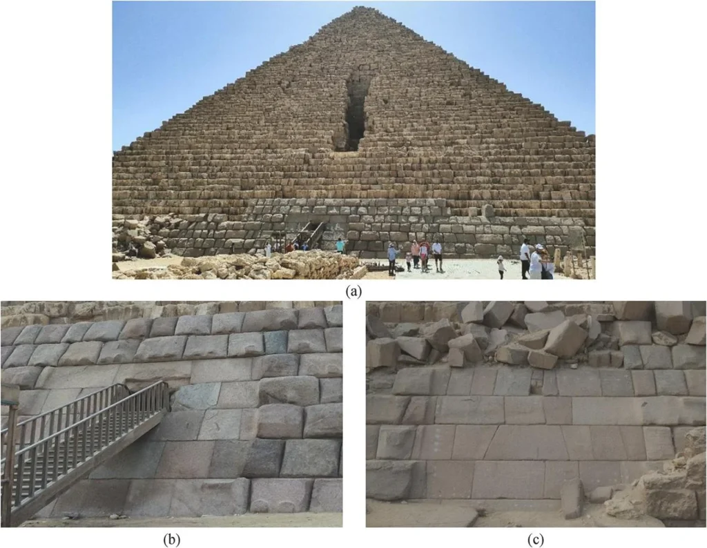 (a) the Northern face of the Menkaure Pyramid and (b) a close-up view of the main entrance, and (c) the polished part of the Eastern face. Credit: K. Helal et al., NDT & E International (2025)