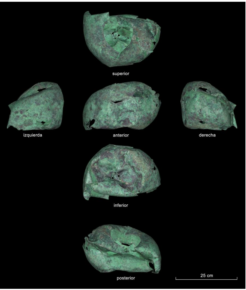 Orthographic views of the metal cup in trihedral composition, derived from the 3D photogrammetric model (Photogrammetry: J. G. Gómez Carrasco). Credit: J. G. Gómez Carrasco / J. M. Abascal Palazón et al., 2025, Boletín del Archivo Epigráfico.