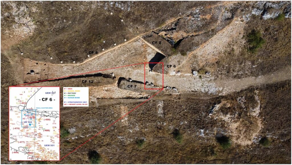 Plan of the Bastion area showing the distribution of materials found in the soil between 2019 and 2024. The area where human skull fragments were found is marked with a light blue box. Credit: Santiago David Domínguez-Solera and Miguel Osma