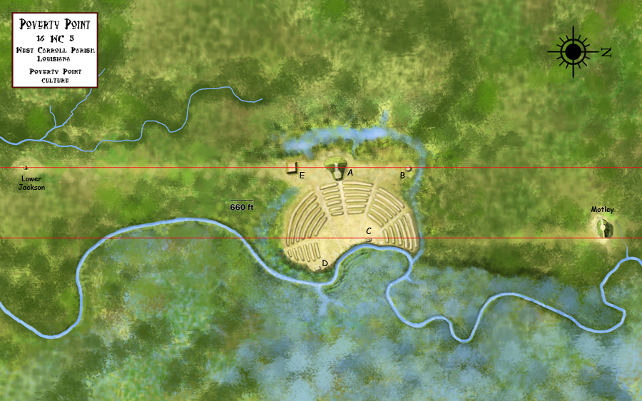 An overview of the Poverty Point site showing the locations of the nearby Motley and Lower Jackson mounds. Note North is to the right. Credit: Wikipedia