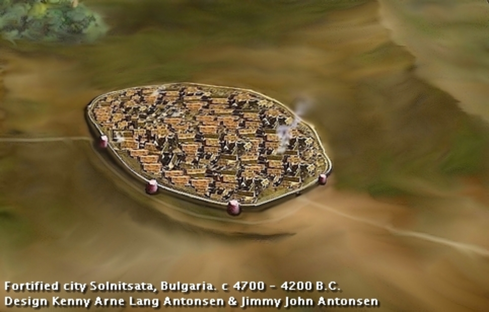 Artist's reconstruction. Fortified city Solnitsata, Bulgaria, 4700 - 4200 B.C. Kenny Arne Lang Antonsen - Wikipedia