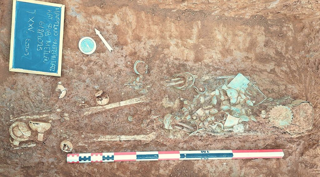 The burial of the aristocratic woman, known as the Lady of the Inverted Diadem, uncovered in the 7th-century BC necropolis of Boeotia. Credit: Greek Ministry of Culture