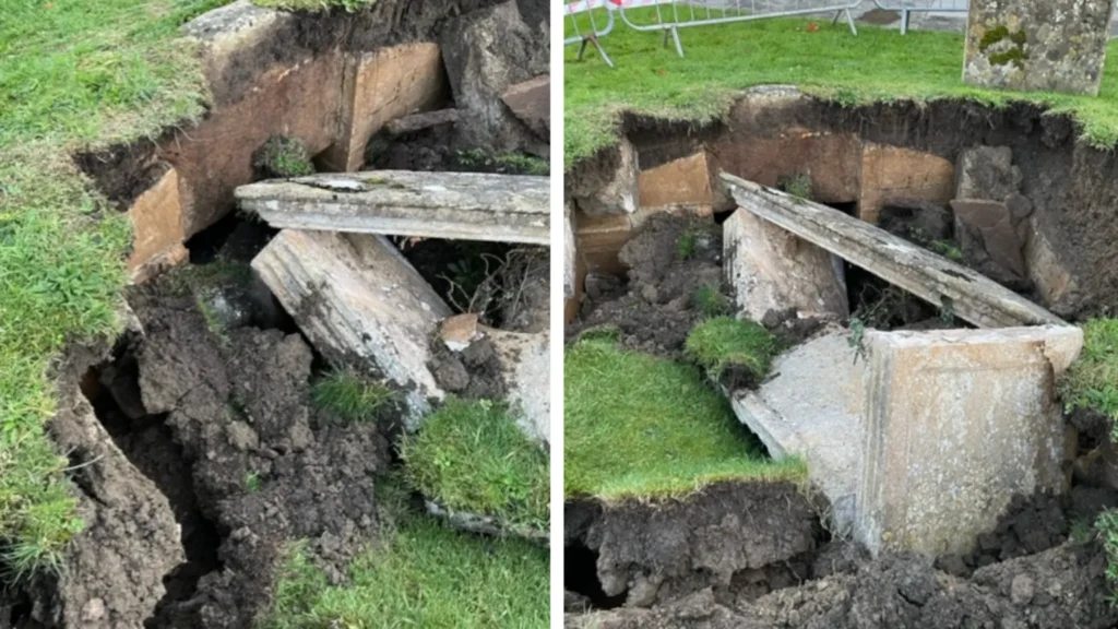 The collapse revealed the underground crypt's Ham stone walls, which today is only quarried in two active areas at Ham Hill in Somerset. Credit: All Saints Church