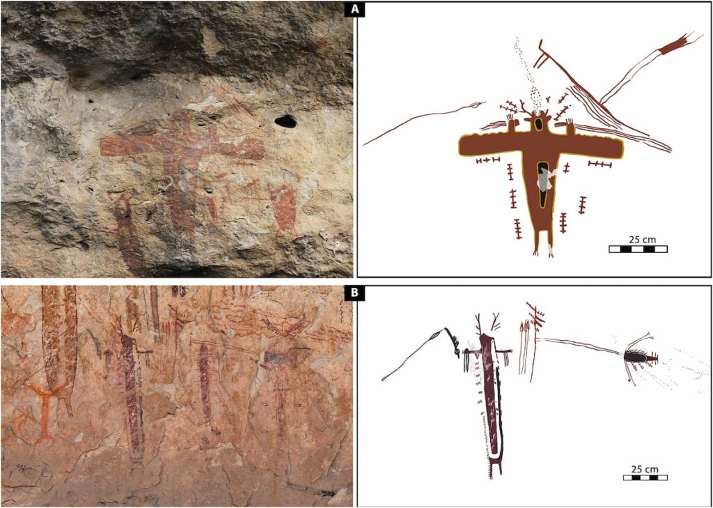 Winged anthropomorph with a power bundle from site 41VV286 and a figure with red antlers from 41VV1230, both directly dated through radiocarbon analysis and among the best-dated Pecos River style motifs. Source: Boyd & Steelman et al. 2025.