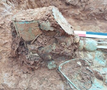 The inverted bronze diadem discovered on the 7th-century BC aristocratic burial, symbolically placed upside down to mark the loss of power and status. Credit: Greek Ministry of Culture