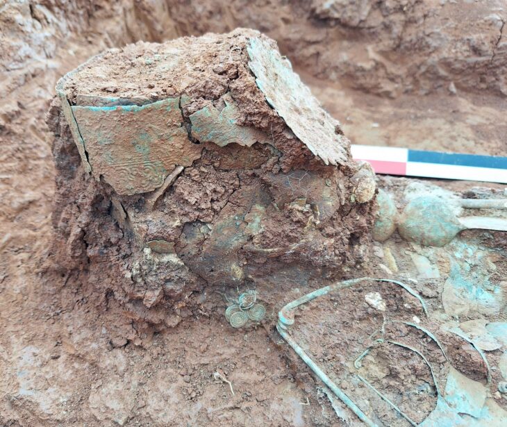 The inverted bronze diadem discovered on the 7th-century BC aristocratic burial, symbolically placed upside down to mark the loss of power and status. Credit: Greek Ministry of Culture