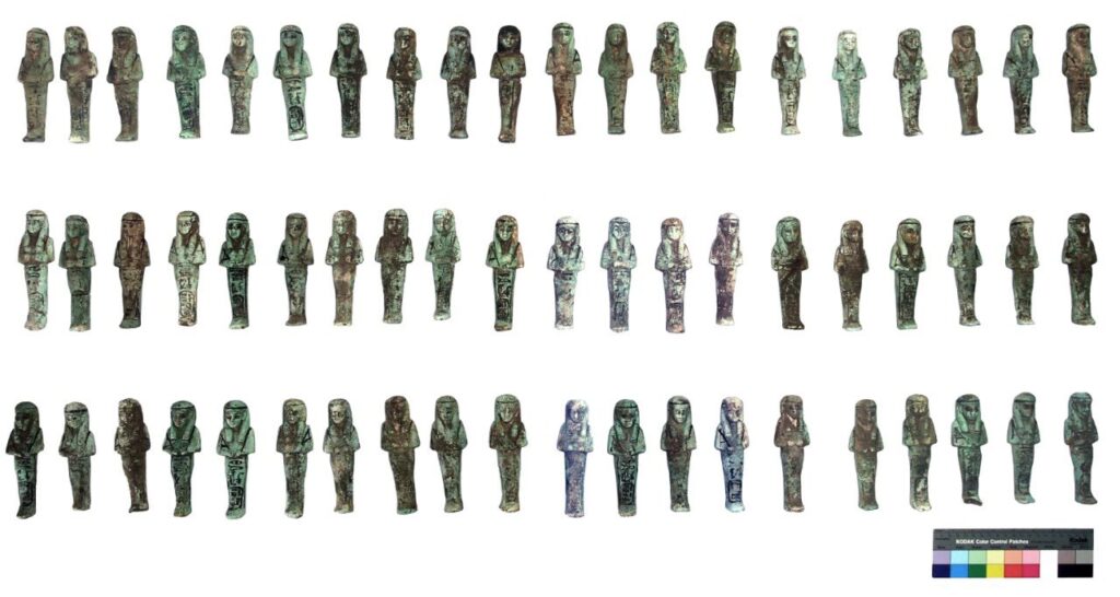An Egyptian–French archaeological mission has uncovered 225 ushabti figurines bearing the name of Shoshenq III inside the northern chamber of Osorkon II’s burial complex. Credit: Egyptian Ministry of Tourism and Antiquities via Facebook