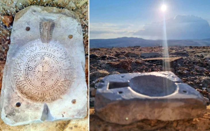 A 1,400-year-old limestone mold used to produce flasks decorated with a cross and inscribed with the words “Lord’s blessing from the holy places” was uncovered at the Hyrcania site in the Judean Desert, West Bank. Credit: Michal Haber / Institute of Archaeology, Hebrew University of Jerusalem