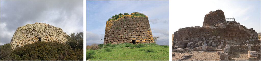 Archaic Nuraghe Sa perdaia (1), Teulada (SU); single Tower Nuraghe Lighei (2) sedilo (OR), Santu Antine complex Nuraghe (3), Torralba (SS). Credit: A. Bortolussi et al. 2025