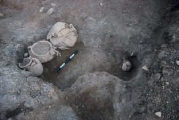 Area B, Level 3 burial pits at Ḥorvat Tevet, viewed from the southeast. Photo: Jordan Weitzel; courtesy of the Ḥorvat Tevet Expedition, Credit: Peleg et al., 2025