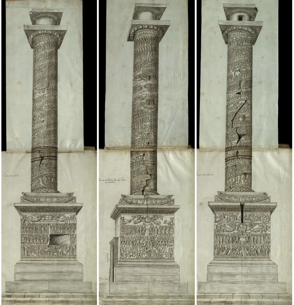 
From left to right: the east, west, and south faces of the Column of Arcadius. Freshfield Album (1574), Trinity College, Cambridge