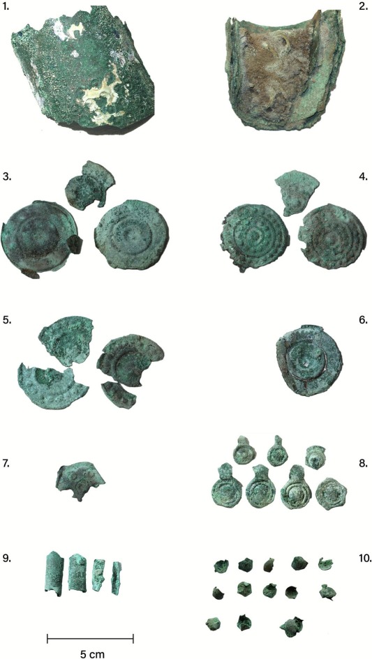 Selected objects from the Hastrup Hoard, including decorated sheet metals, plaques, smaller plaques, tubes, and studs. Photos by H. Wrobel Nørgaard and L. Felding. Credit: Felding et al., 2025.