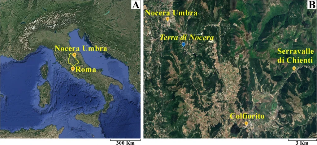 Satellite map from Google Earth Pro of the principal sites mentioned in the text. Panel A delineates the current boundary of the Umbria region. Panel B provides an enlargement of the area of interest. Credit: Gliozzo, E., Fantozzi, P. L., Frapiccini, N., et al. (2026)
