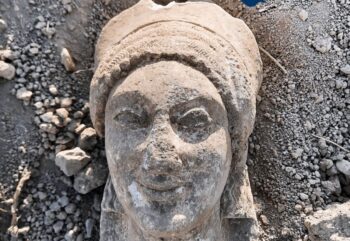 The Kore statue head at the time of discovery. Credit: Mariachiara Franceschini