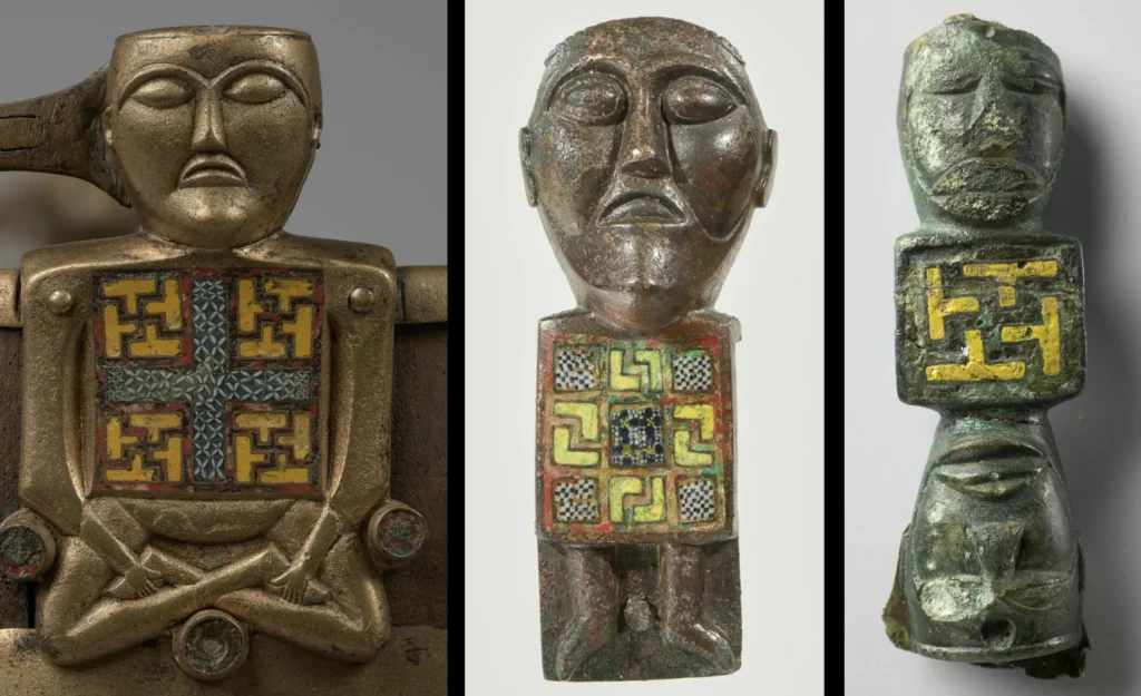 These three figures were made by monks in the British Isles and later buried in Norway. The geometric patterns hint at their origin. Left: from the Buddha bucket; middle: the Myklebust man; right: found in Lindesnes, 1898. Credit: Kirsten Helgeland, University of Oslo / Adnan Icagic