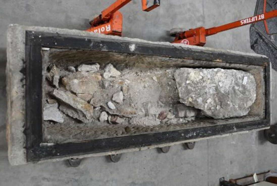 An overview showing the gypsum sarcophagus burial known as YORYM 2010.1219. Credit: Seeing the Dead Project / University of York and York Museums Trust