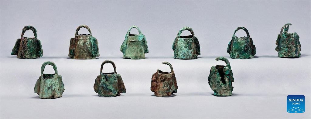 Most striking among the finds are 29 bronze bells recovered from 13 of the 19 sacrificial pits at Yinxu, believed to have been used to manage and identify animals kept by Shang Dynasty elites more than 3,000 years ago. Credit: Xinhua