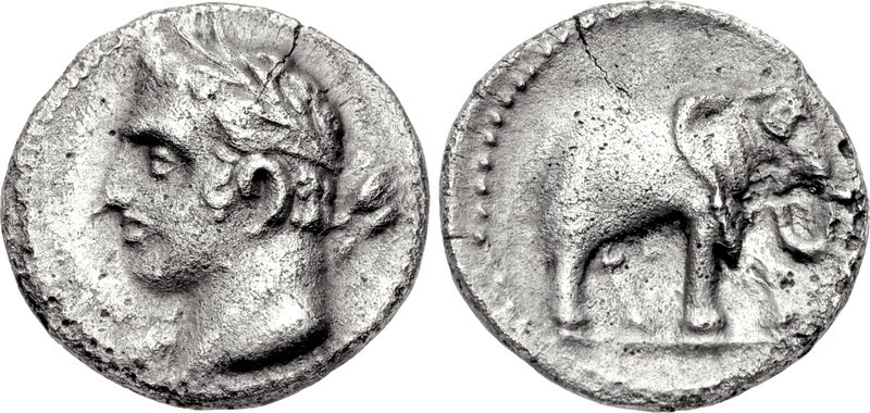 A Carthaginian quarter-shekel, dated 237–209 BC, depicting the Punic god Melqart, who was associated with Hercules/Heracles. On the reverse is an elephant, possibly a war elephant. Credit: Wikipedia Commons