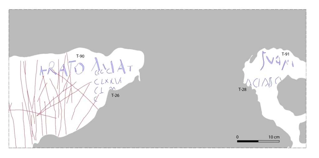 Graffiti containing the words “Erato amat…”: Fragmentary love inscription incised into the plaster of Pompeii’s theatre corridor. Credit: Archaeological Park of Pompeii.