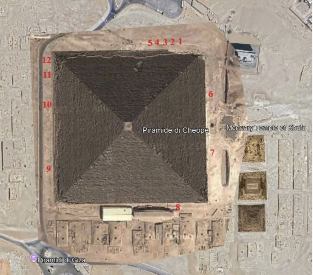 Red markers indicate the points where relative erosion measurements were taken on the G1 Pyramid of Akhet Khufu (Google Earth image). Credit: Donini, A. (2026)
