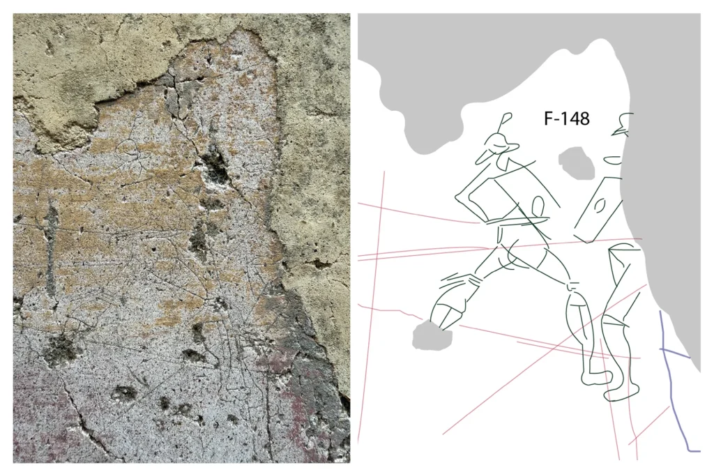 Graffiti depicting gladiatorial combat: A shallowly incised depiction of two gladiators in dynamic combat poses on the wall of Pompeii’s theatre corridor. Credit: Archaeological Park of Pompeii.
