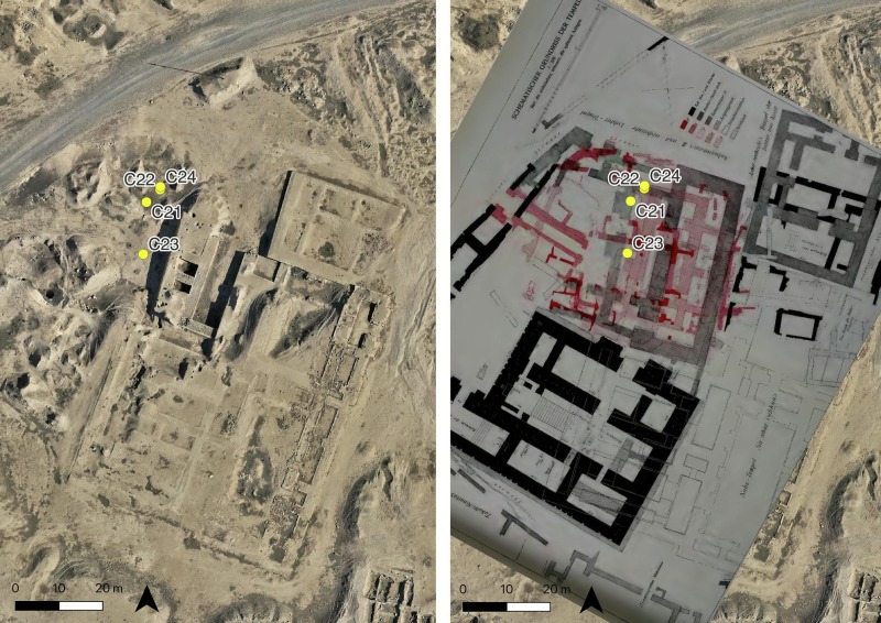 
Locations of cores C21–C24 within the Ishtar Temple. The plan on the right (georeferenced from Andrae 1922: pl. 4) highlights the earliest temple phase (Temple H) in red. Adapted from Altaweel (2025: fig. B2.5). Credit: Altaweel et al. (2026)
