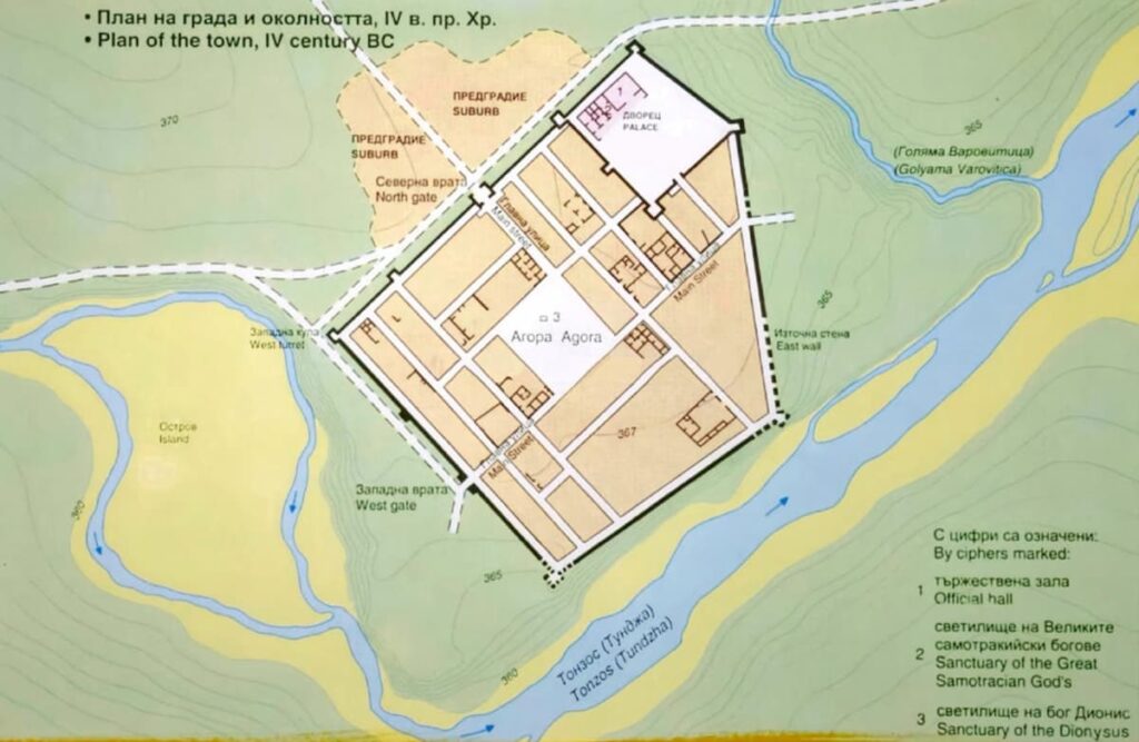 Plan of Seuthopolis highlighting the royal palace and the Temple of the Great Samothracian Gods, where the Great Inscription was displayed within the court of King Seuthes III. Credit: Jordan Iliev, Andrii Zelinskyi (2025), Studies in Ancient Art and Civilization