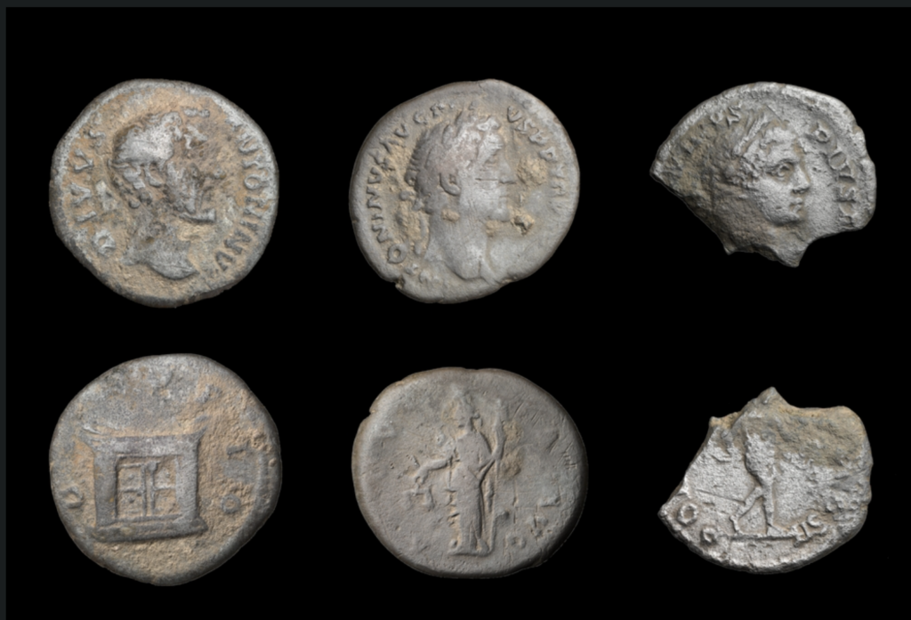 Roman coins recovered during systematic metal-detector surveys of the marching camps. The coins were minted under the emperors Antoninus Pius (AD 138–161), Marcus Aurelius (AD 161–180), and Caracalla (AD 211–217). Credit: State Office for Heritage Management and Archaeology of Saxony-Anhalt, Anika Tauschensky.