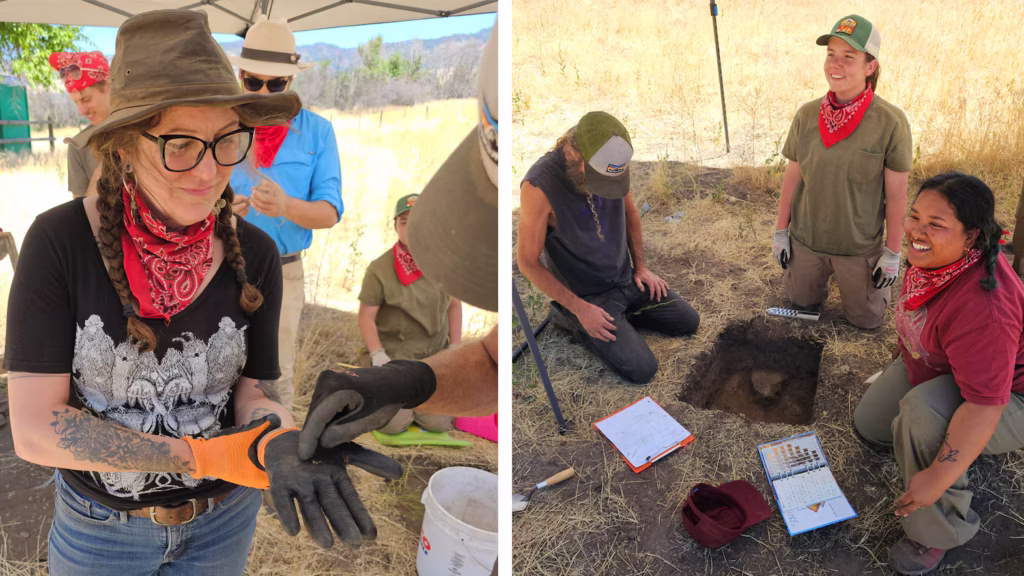 SOULA field school student Rebecca Chapman holds up a small ceramic fragment for inspection (R). Students Zoey Ahl and Victoria Mozdy learn from archaeologist Tyler Davis how to describe sediments using a Munsell soil color chart (L). Credit: Southern Oregon University Laboratory of Anthropology