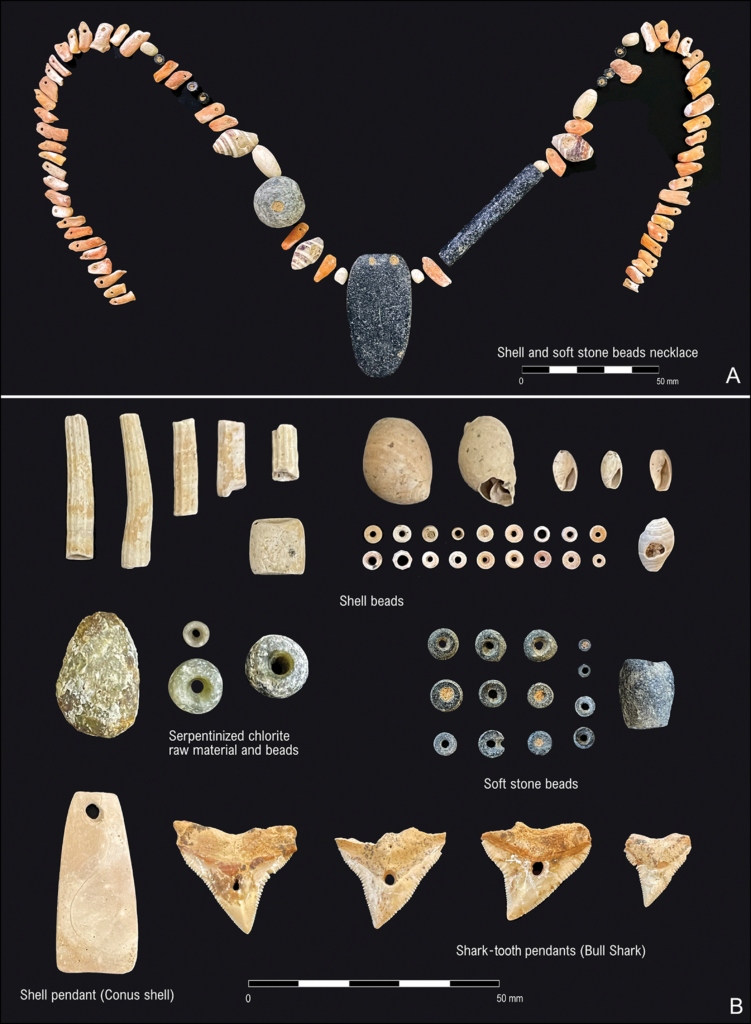  Shell and soft stone necklace (A) and other finds (B) (figure by Maria Pia Maiorano). Credit: Danielisová A (2025), Antiquity