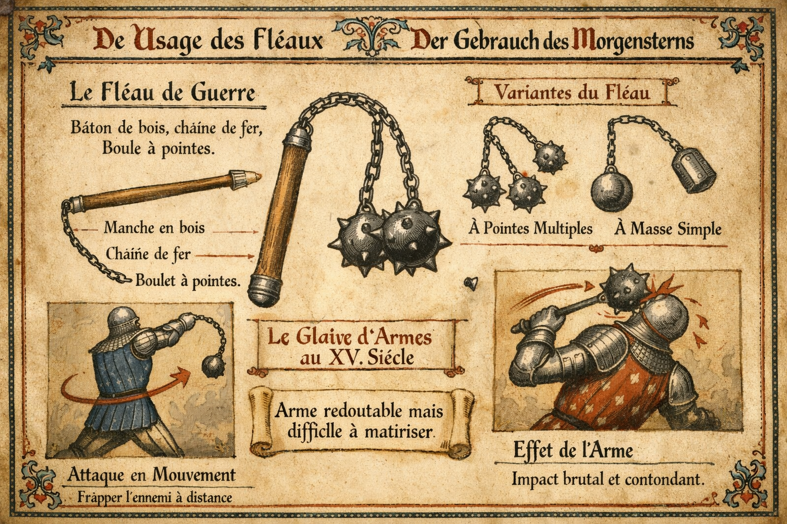 This image is an AI-generated illustrative reconstruction inspired by 15th-century artwork. It provides educational and historical information about the structure and documented use of a medieval flail weapon, rather than depicting a real event or promoting modern-day weapon use.
