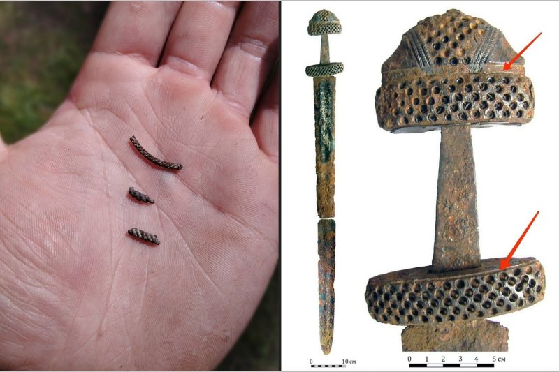 Fragments of silver twisted wire ornamentation from a sword, uncovered during the excavation of a burial mound (kurgan) 2025. Credit: Rodina History