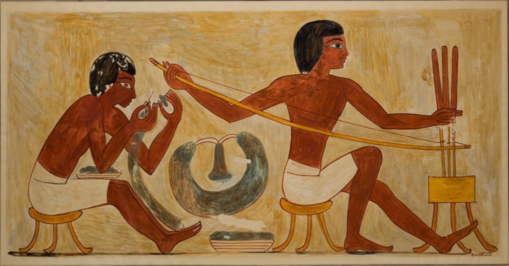 Bow drill in action, New Kingdom tomb painting from Western Thebes, Tomb of Rekhmire, object 31.6.25, The Metropolitan Museum of Art, public domain
