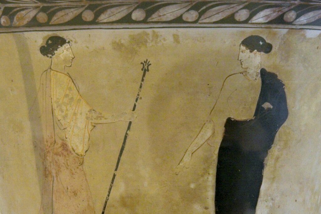 Attic white calyx crater 440-430 BC. Two female figures, probably Demeter and Persephone. Archaeological Museum of Agrigento. Credit: Public Domain