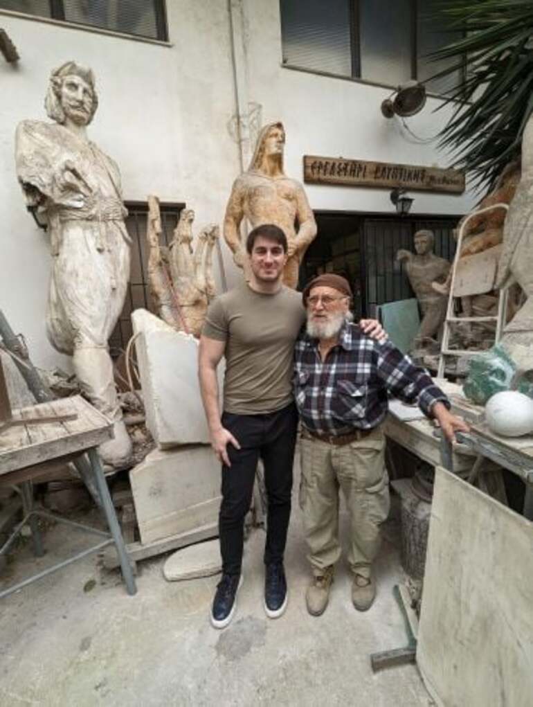 Lead author Dr Leonidas-Romanos Davranoglou (left) with Deep Maniot sculptor and painter Michalis Kassis. Credit: Vinia Tsopelas.