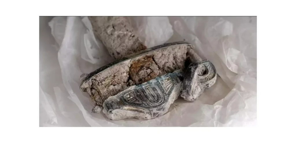 Gilded silver hilt of the sword. Credit: Prof Alice Roberts/BBC/Rare TV