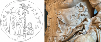 Imagery of conquered provinces depicted as women: (left) reverse of a Judea Capta coin showing Titus towering over a seated Judea; (right) Gallia portrayed as a subdued female figure on the breastplate of the Augustus of Prima Porta. After RIC II.1 (167); photo courtesy of the Ashmolean Museum, Oxford. Credit: Wigodner A. (2025), Cambridge Archaeological Journal