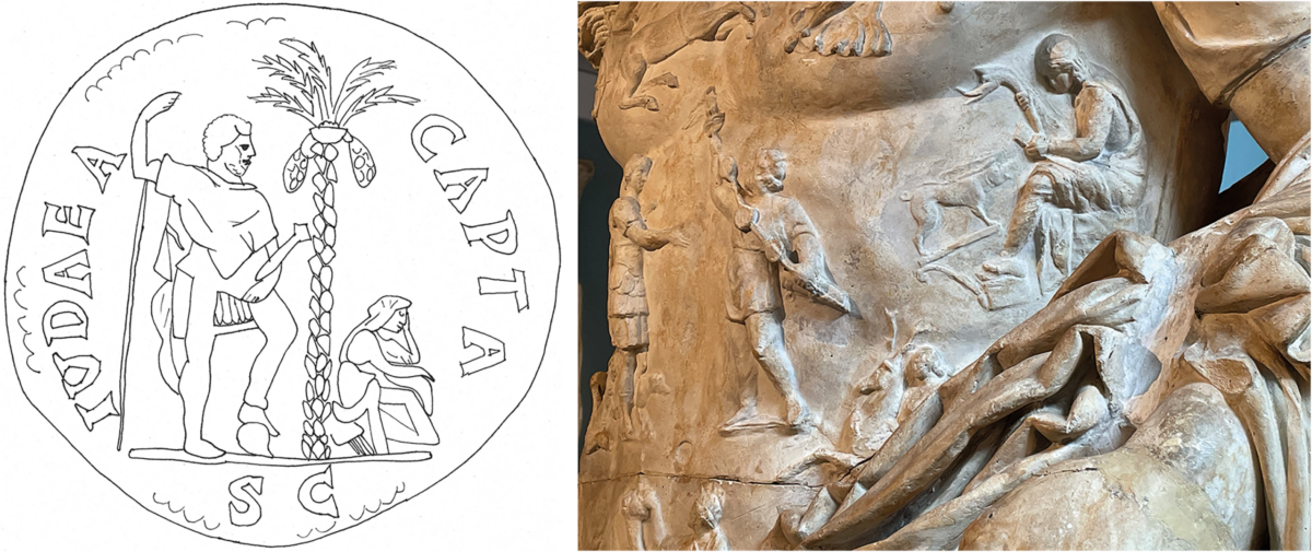 Imagery of conquered provinces depicted as women: (left) reverse of a Judea Capta coin showing Titus towering over a seated Judea; (right) Gallia portrayed as a subdued female figure on the breastplate of the Augustus of Prima Porta. After RIC II.1 (167); photo courtesy of the Ashmolean Museum, Oxford. Credit: Wigodner A. (2025), Cambridge Archaeological Journal