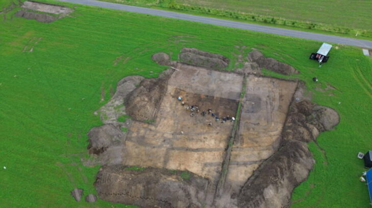 Drone image of the Iron Age temple during excavation and surface cleaning at Hedegård. Credit: Museum Midtjylland.