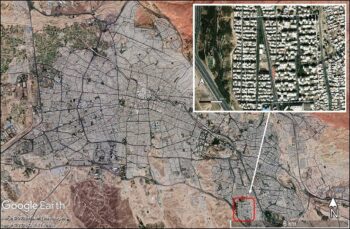 Satellite imagery showing expanse of modern Tabriz in 2022, with inset detail of the modern development on the garden site (source: Maxar and Airbus, via Google Earth). Fradley et al., Antiquity (2026)