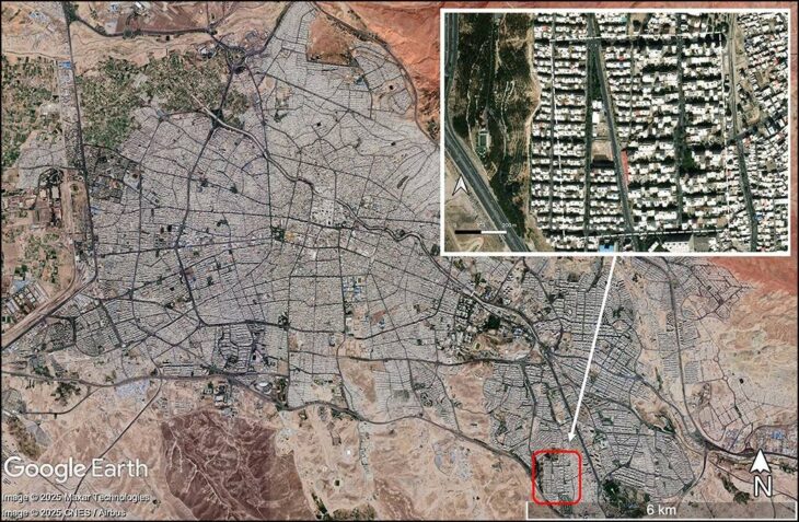 Satellite imagery showing expanse of modern Tabriz in 2022, with inset detail of the modern development on the garden site (source: Maxar and Airbus, via Google Earth). Fradley et al., Antiquity (2026)